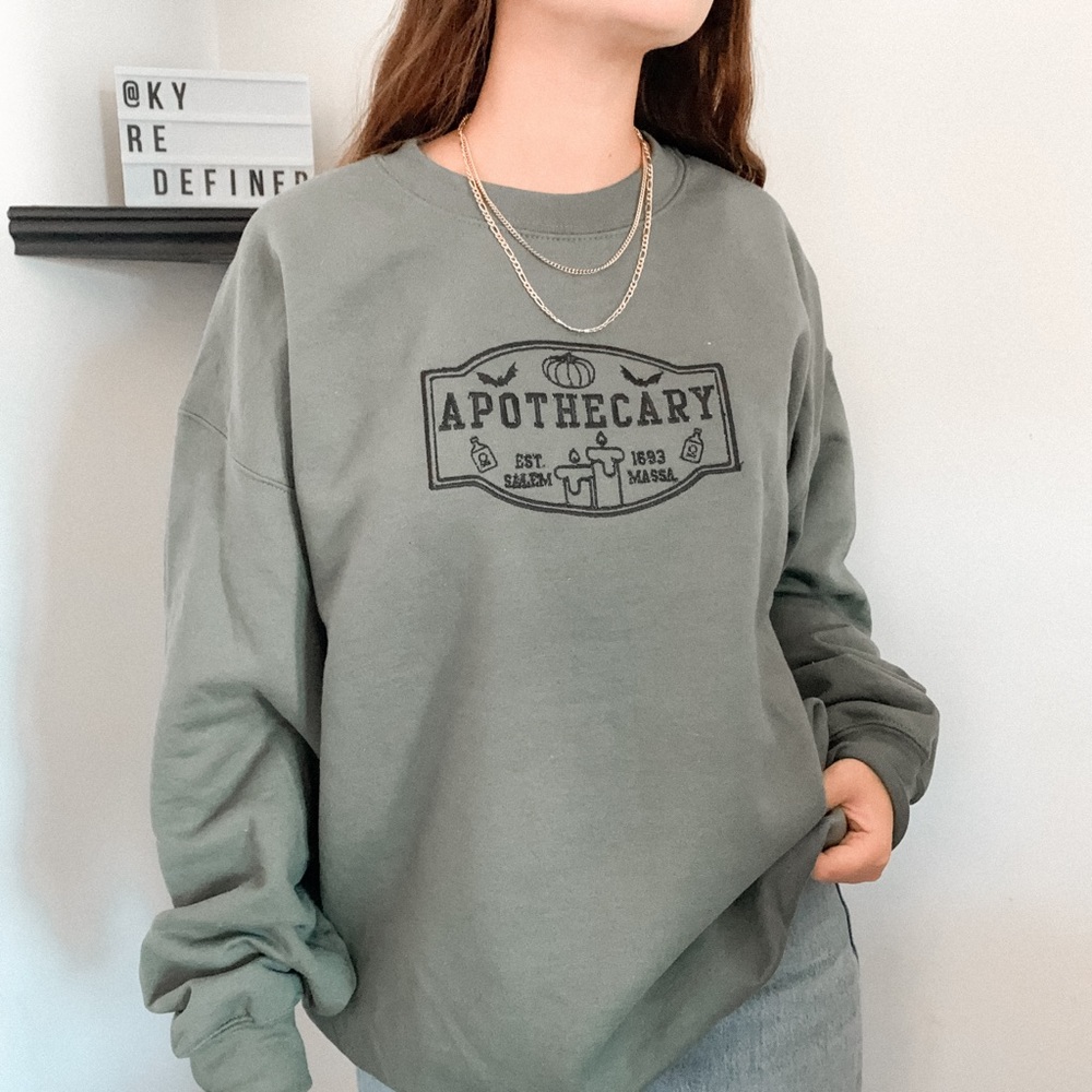 Custom Embroidered Army Green Apothecary Salem Halloween Unisex Crewneck